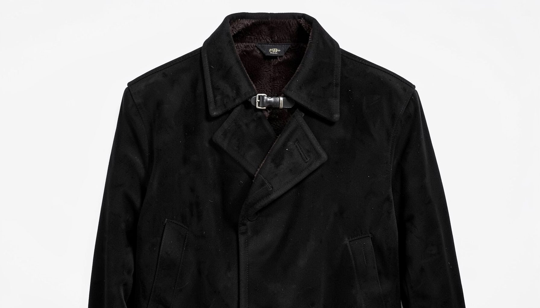 Black faux-suede aviator jacket with buckle collar and dark brown shearling-style lining