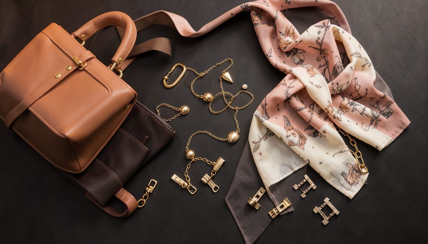 A flat lay of women's fashion accessories on a dark surface — handbags, gold-tone jewelry, printed scarves, and hair clips