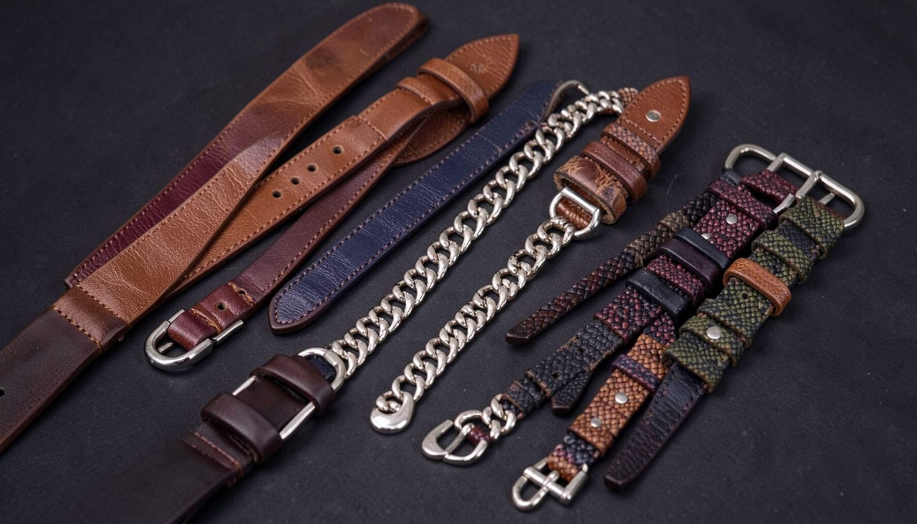A selection of women's belts in various finishes — leather, chain, and woven styles — laid out on a dark surface