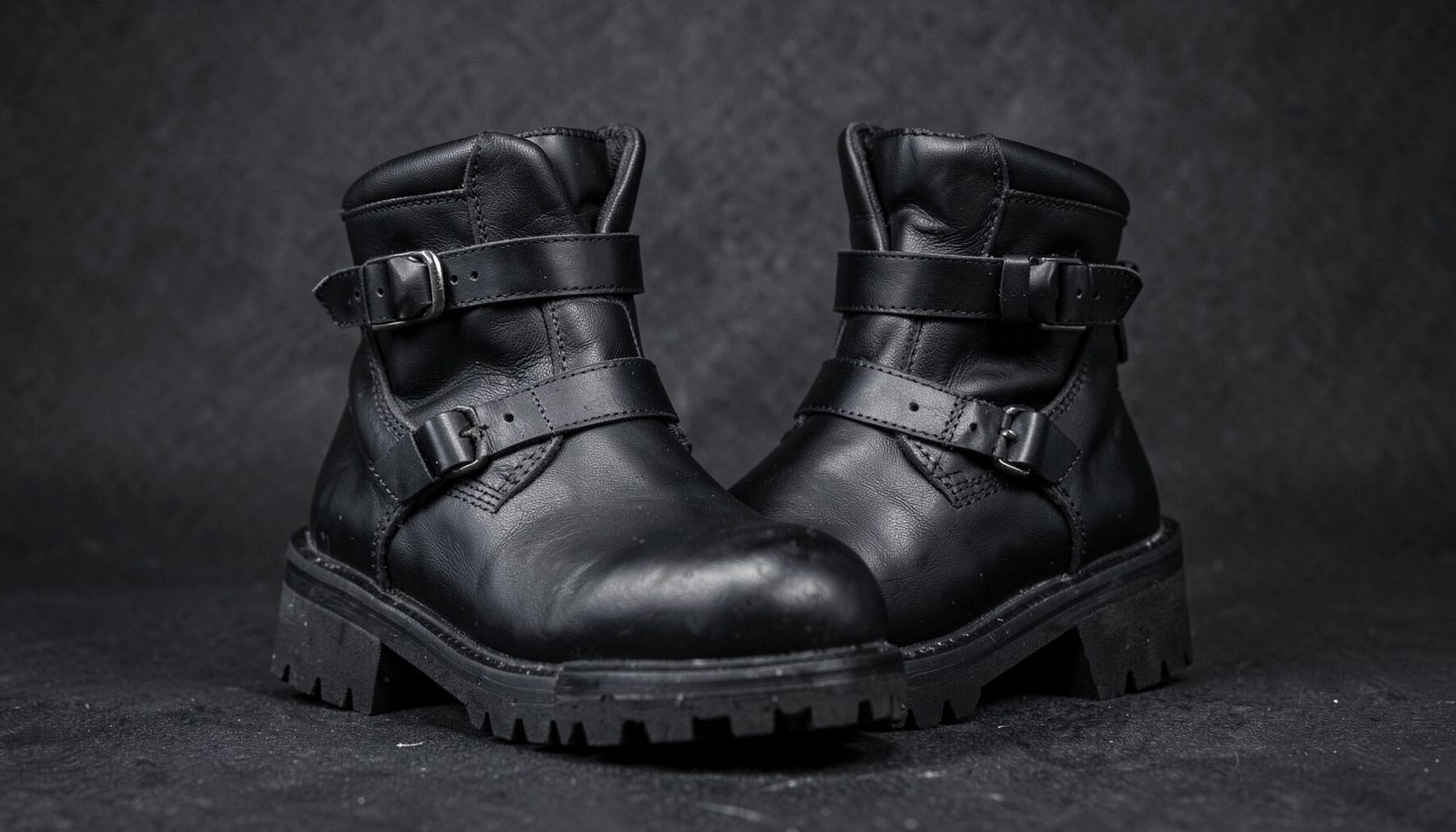 Basic PU biker boots in black with buckle strap details and a chunky sole shot on a dark textured surface