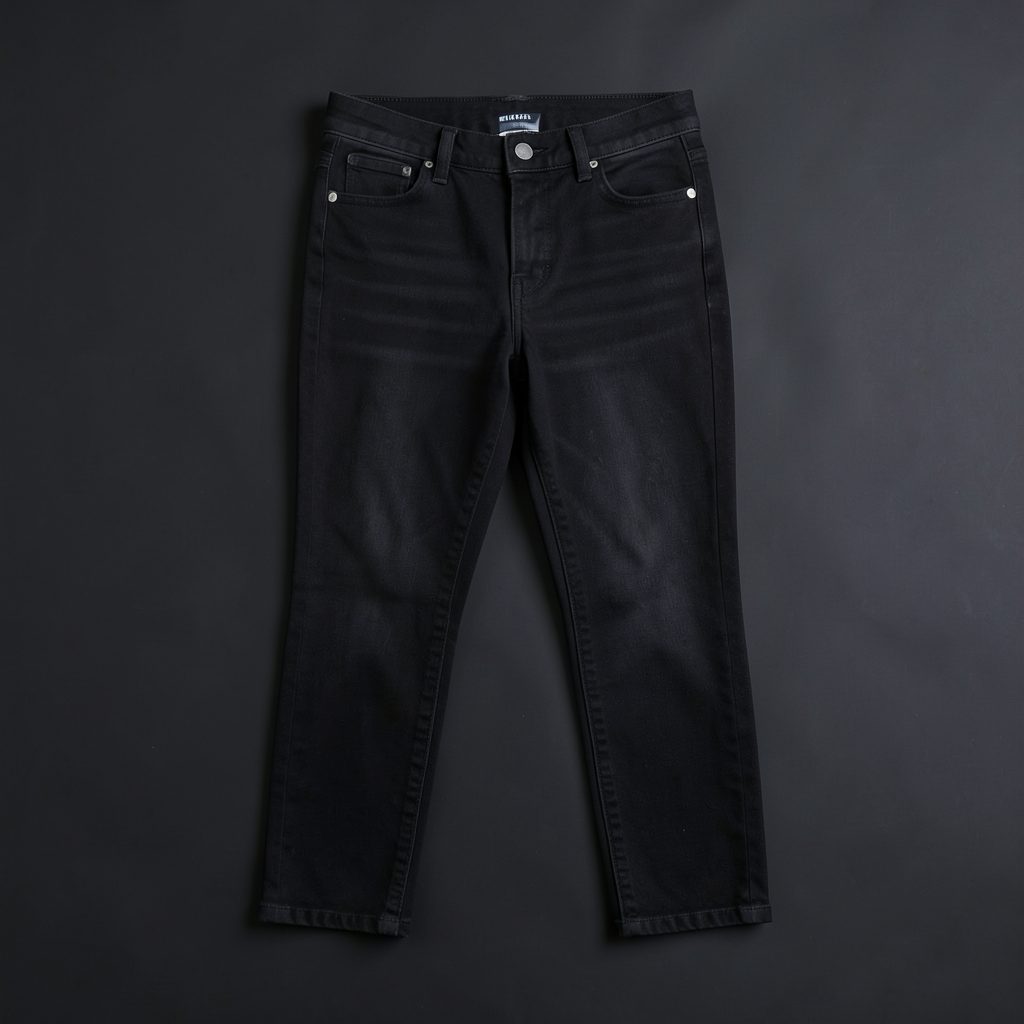 Black skinny ankle grazer jeans in a petite fit, arranged flat on a dark background