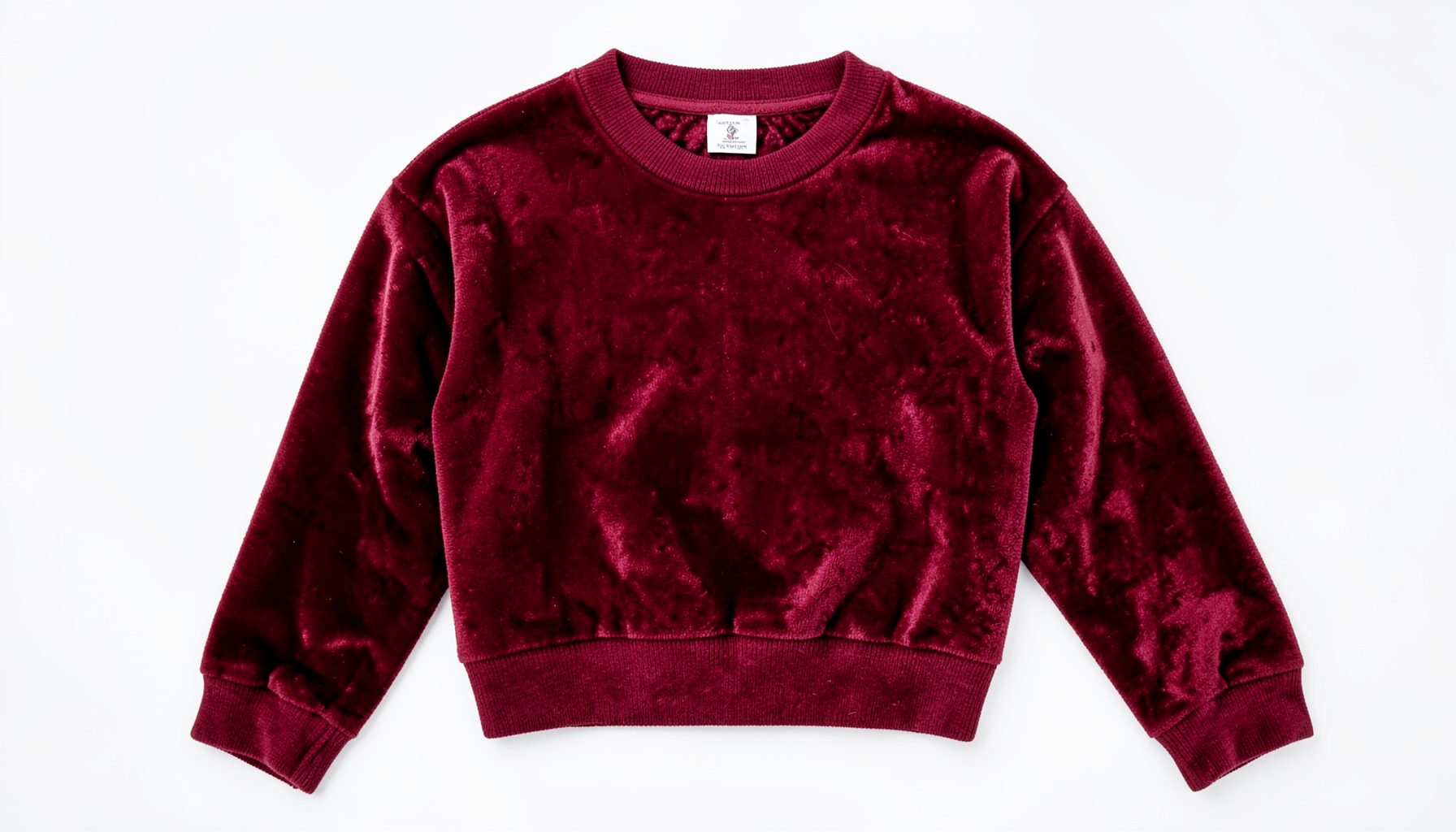 Burgundy velour extreme crop sweatshirt, rich deep red tone, plush textured fabric