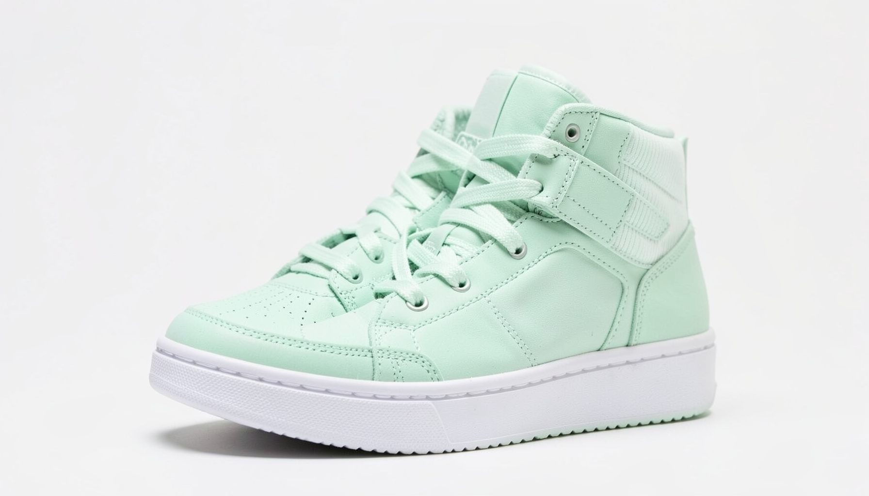 Mint-green strap high-top sneakers with a retro basketball-inspired shape, fresh and playful