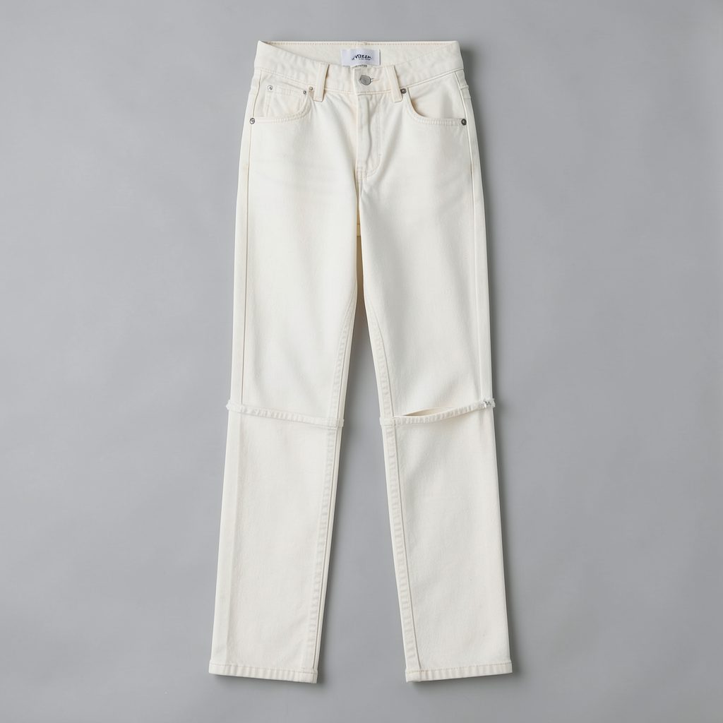 Off-white denim jeans with a split hem detail displayed on a soft grey backdrop