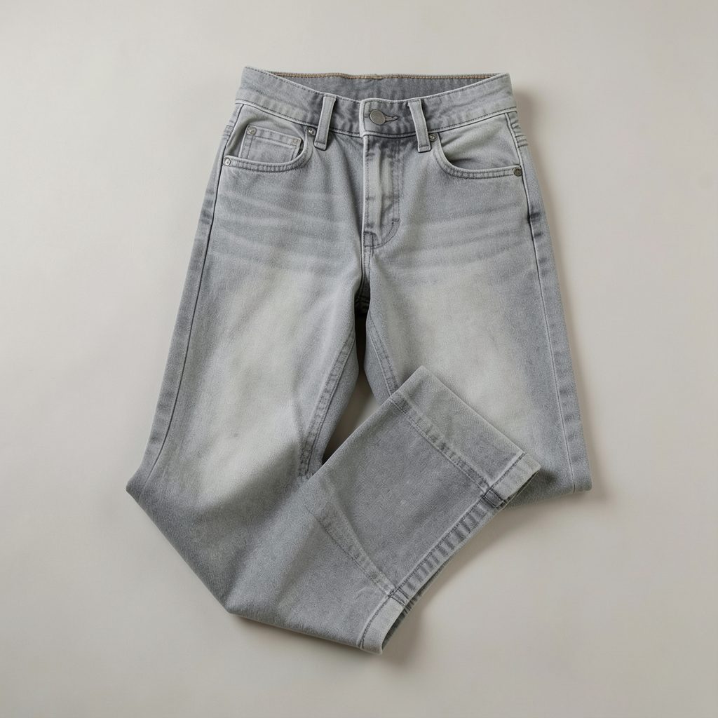Stone-colored coated biker jeans with a split hem, folded neatly on a neutral surface