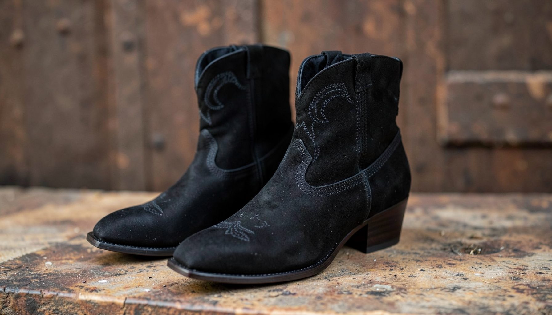 Suede point-toe western boots in black with stitched detailing and a tapered heel styled on a rustic surface