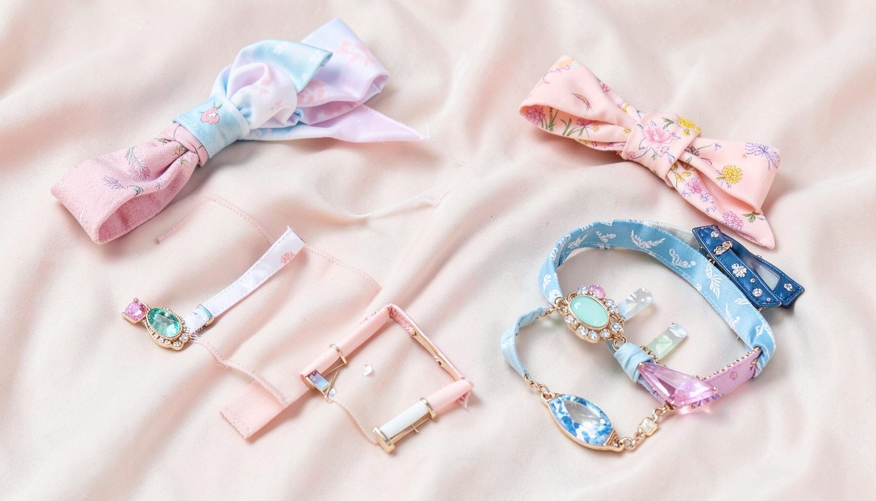 Women's hair accessories including bandanas, headbands, and clips in pastel and jewel tones, arranged on a soft fabric background
