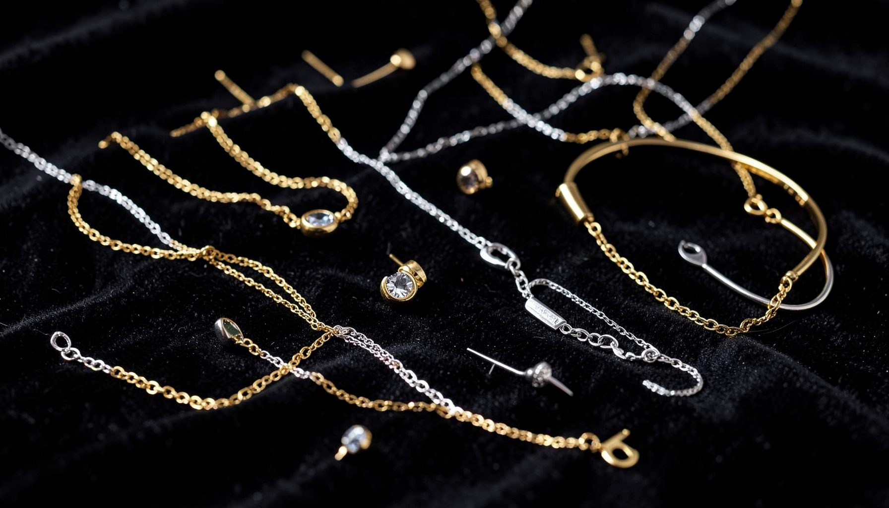 Women's jewelry pieces — necklaces, earrings, and bracelets — with gold and silver finishes, scattered elegantly on a dark surface