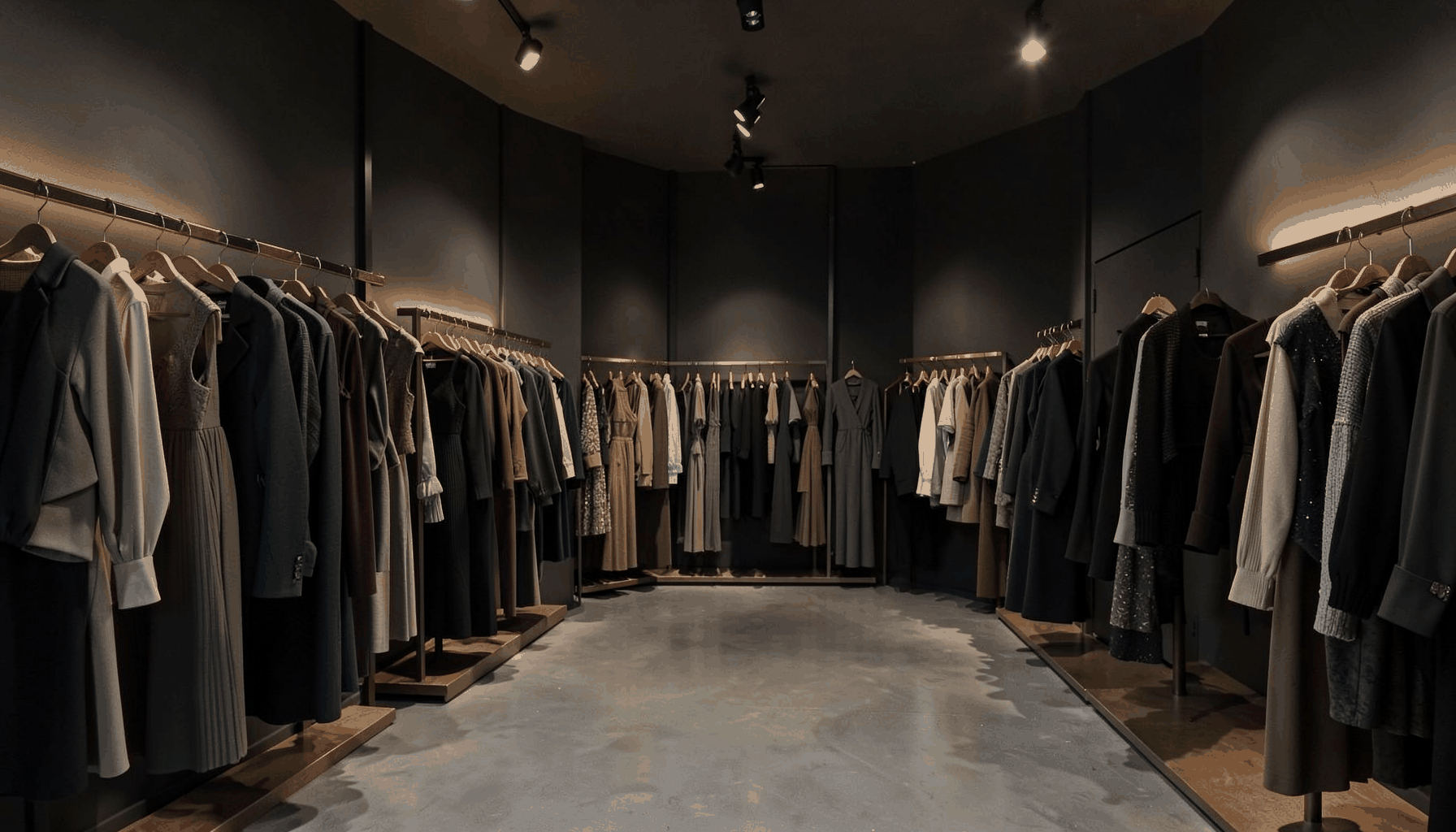 Softly lit fashion boutique interior with dark charcoal tones and warm golden accent lighting, racks of women's clothing visible in the background