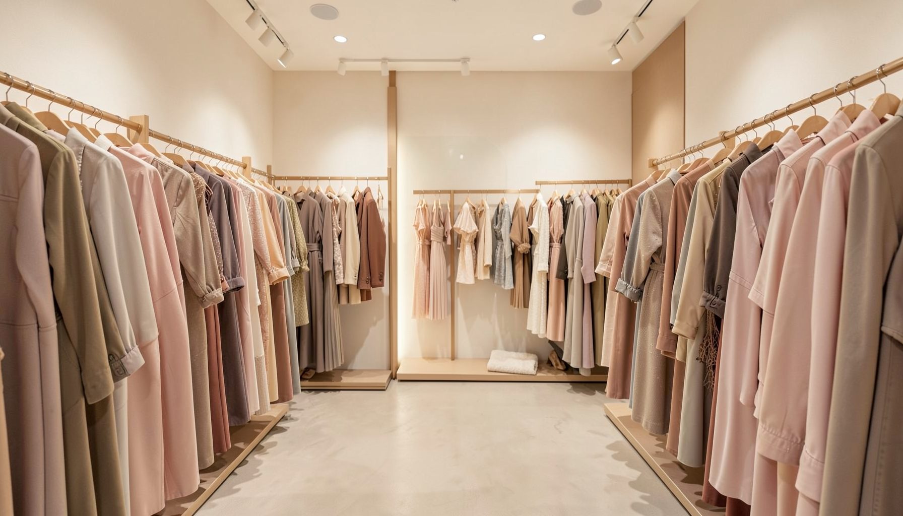 A softly lit fashion boutique interior with racks of women's clothing in neutral and blush tones, creating a warm and inviting atmosphere